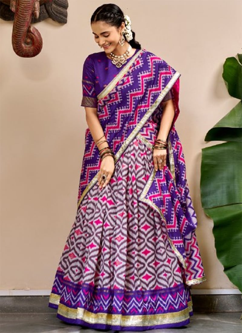 Purple Foil Print Silk Umbrella Lehenga Festive Wear