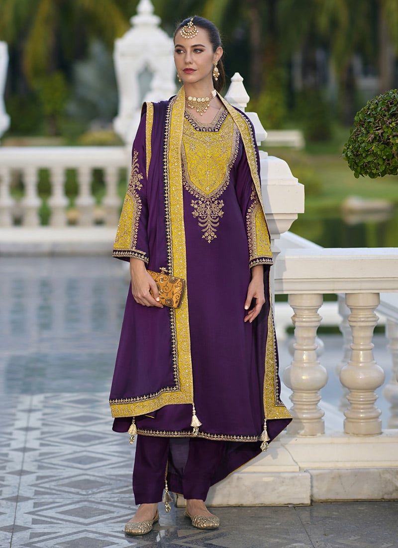 Purple Gajji Silk Embroidered Salwar Suit Festive Wear