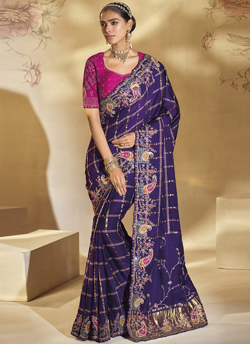 Purple Gajji Silk Zari Beads Sequins Embroidered Thread Cutdana Saree