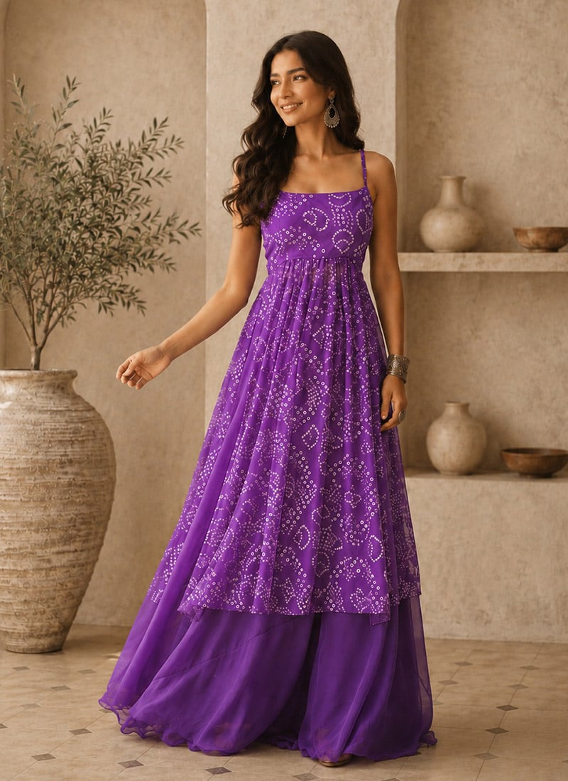 Purple Georgette Bandhani Printed IndoWestern Set After Six Wear