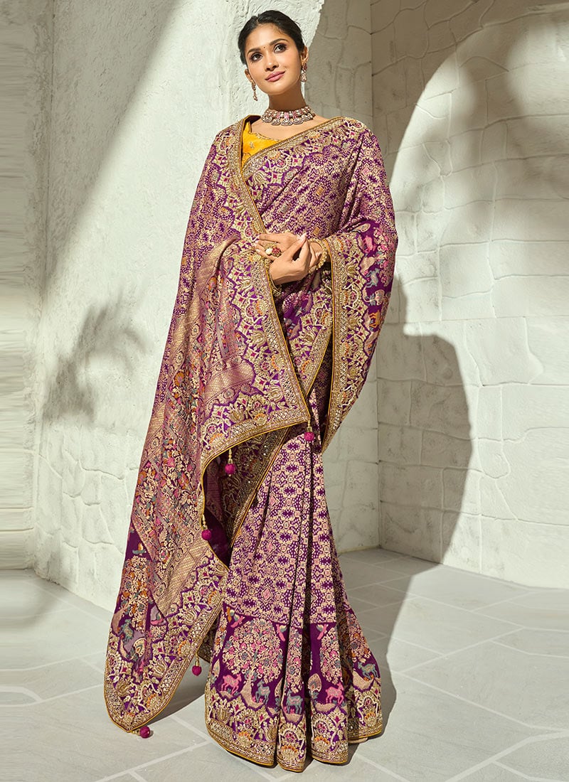 Purple Georgette Bandhej Print Moti Cutdana Hand Embroidered Saree Festive Wear