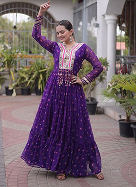 Purple Georgette Bandhini Printed Kutchi Patch Work Gown For Dandiya Nights