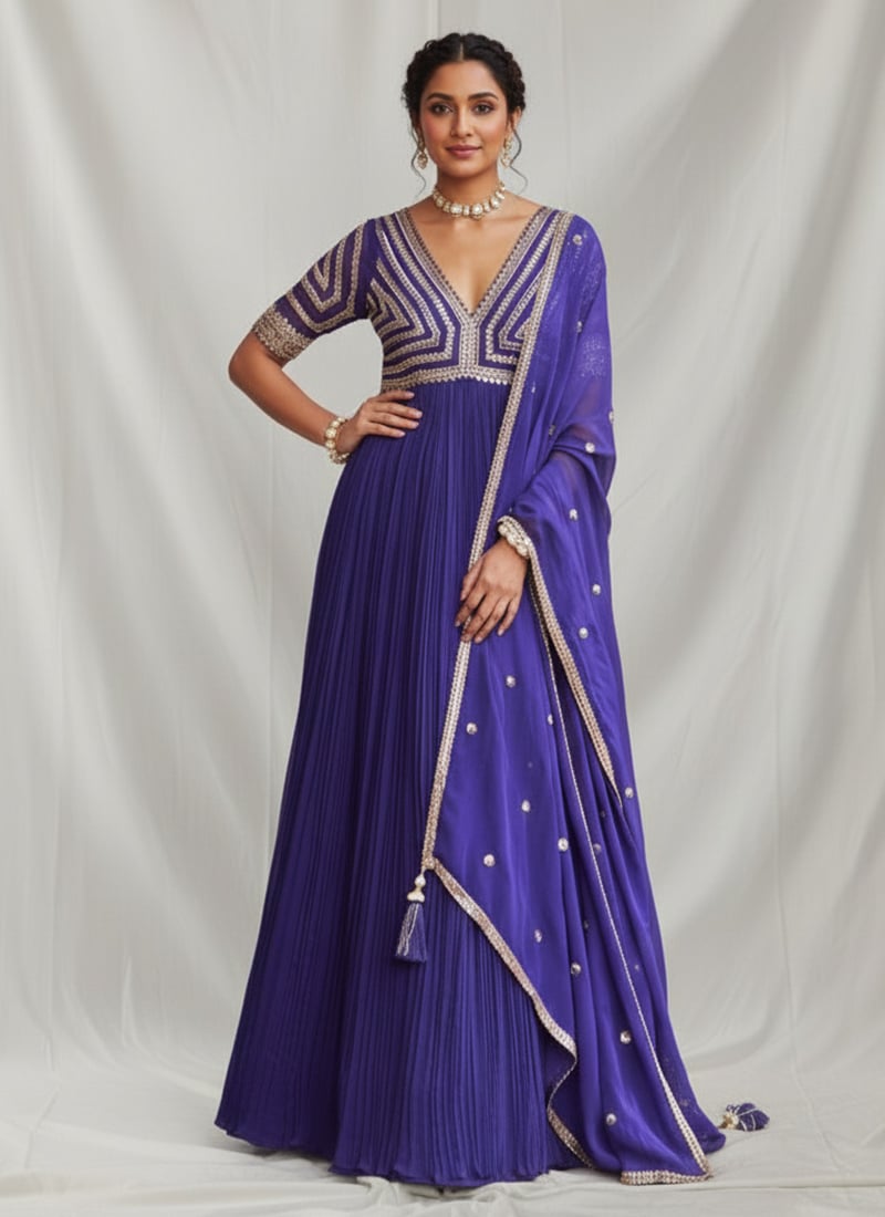 Purple Georgette Beads And Sequins Anarkali Suit Festive Wear