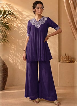 Purple Georgette Beads Cutdana Hand Embroidery Kurta Palazzo Set