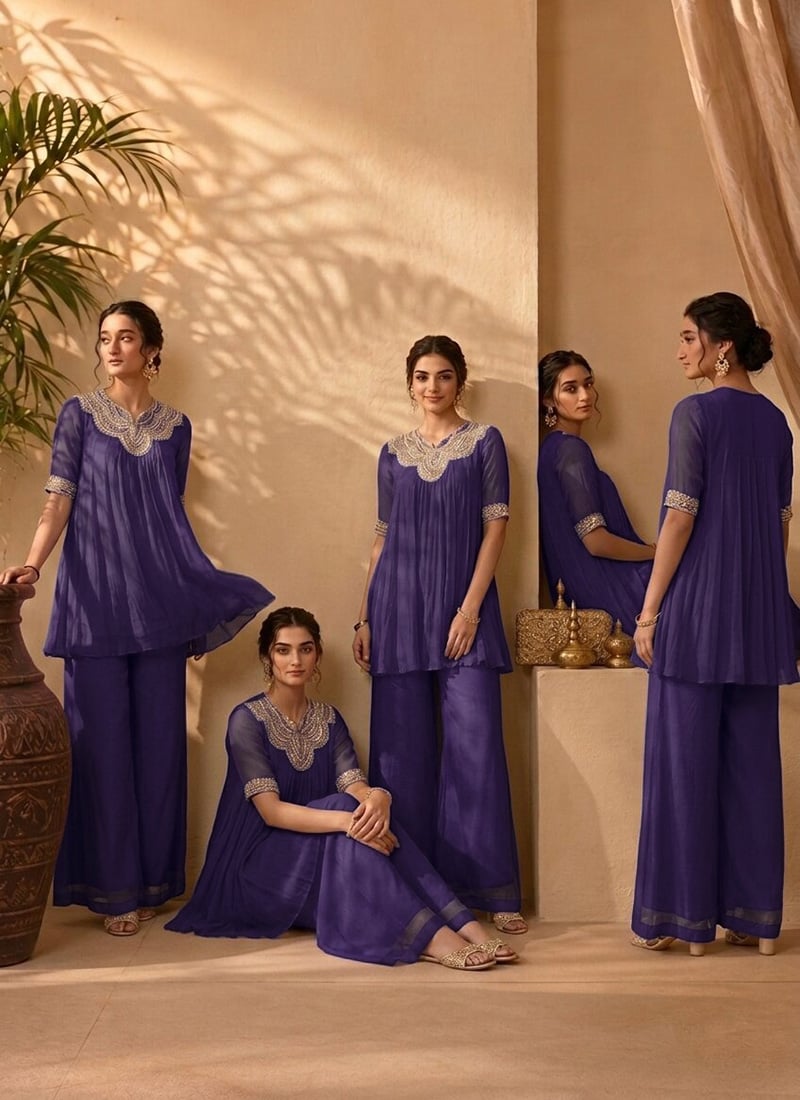 Purple Georgette Beads Cutdana Hand Embroidery Kurta Palazzo Set After Six Wear