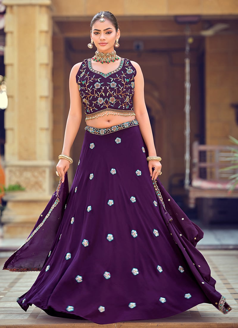 Purple Georgette Beads Sequins Embroidered Lehenga  Wedding Wear