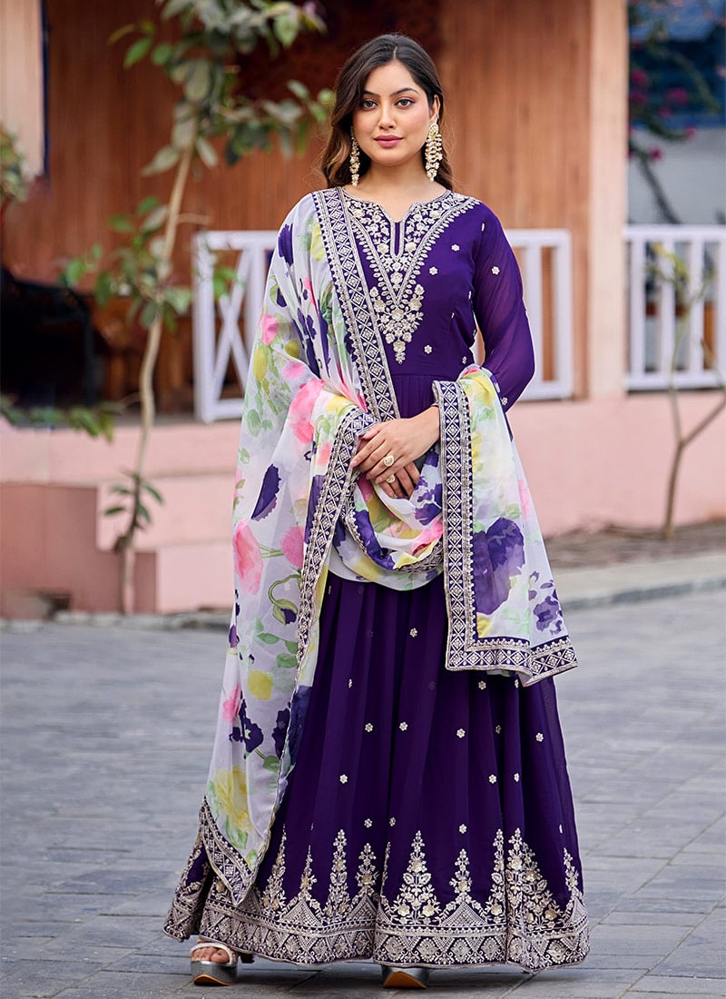 Purple Georgette Digital Print Embroidered Sequins Anarkali Suit Festive Wear