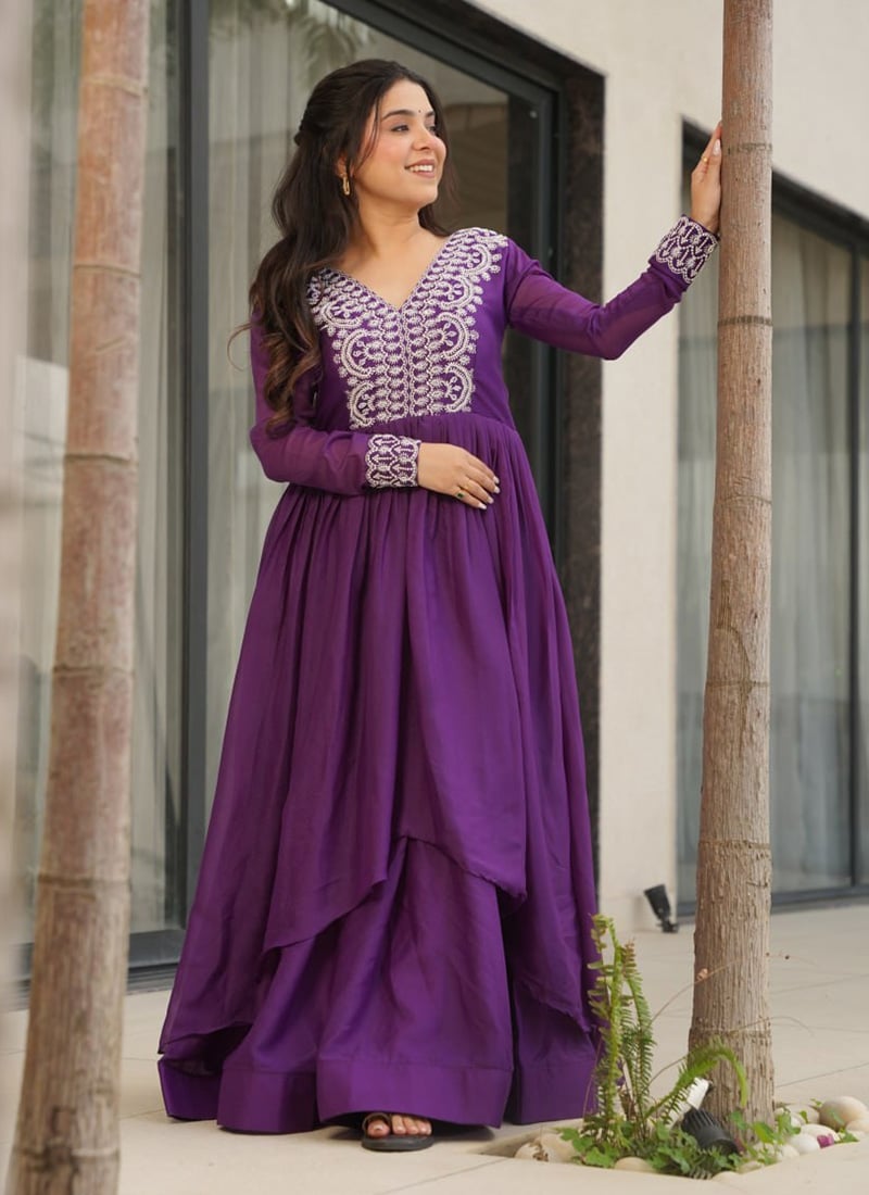 Purple Georgette Embroidered Gown