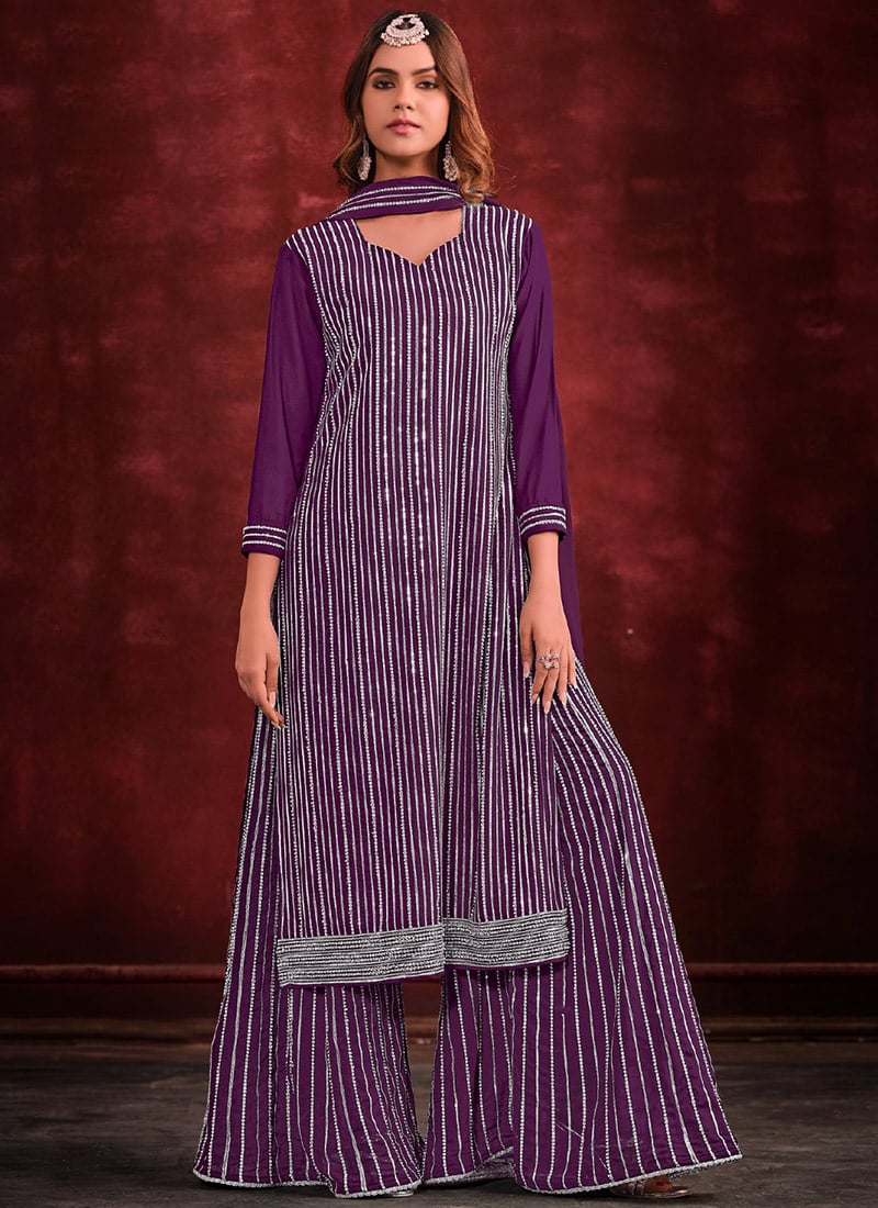 Purple Georgette Embroidered Palazzo Suits For Classy Wear Festive Wear