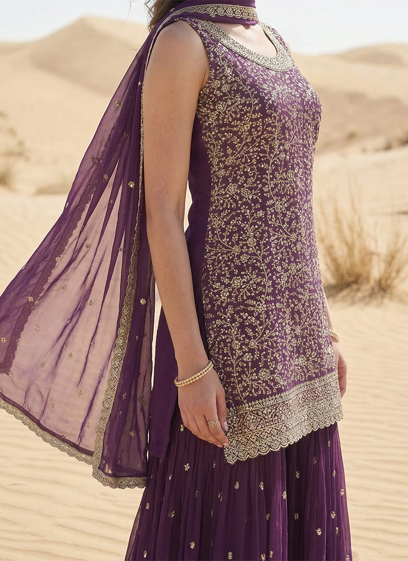 Stylish Mauve Ethnic Set Halter Neck Beaded Top with Heavily Embroidered Palazzo - Buy