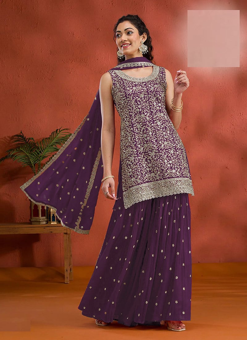 Purple Georgette Embroidered Sequin Palazzo Set Festive Wear