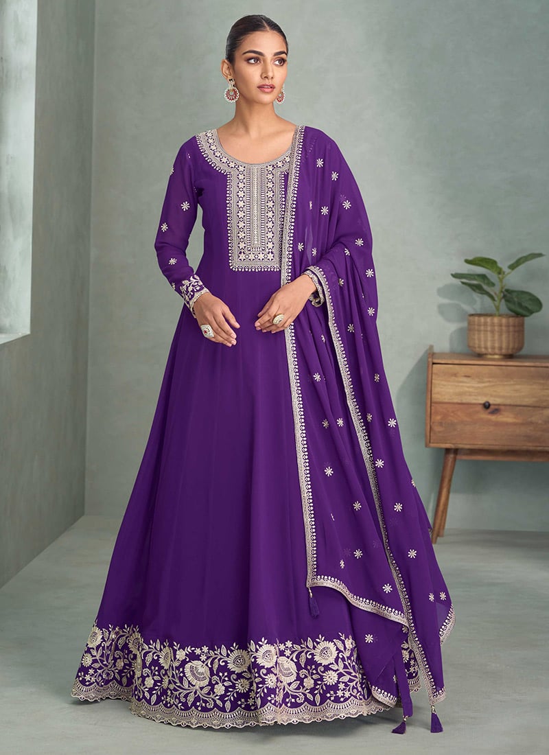 Purple Georgette Embroidered Sequins A Line Anarkali Suit