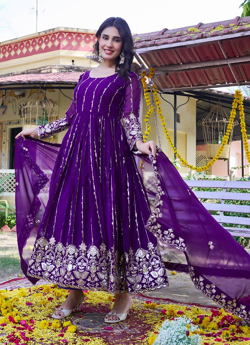 Purple Georgette Embroidered Sequins Anarkali Suit Festive Wear