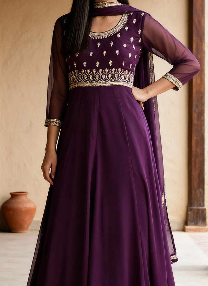Purple Tafeta Butti Festive-Wear Anarkali Suit