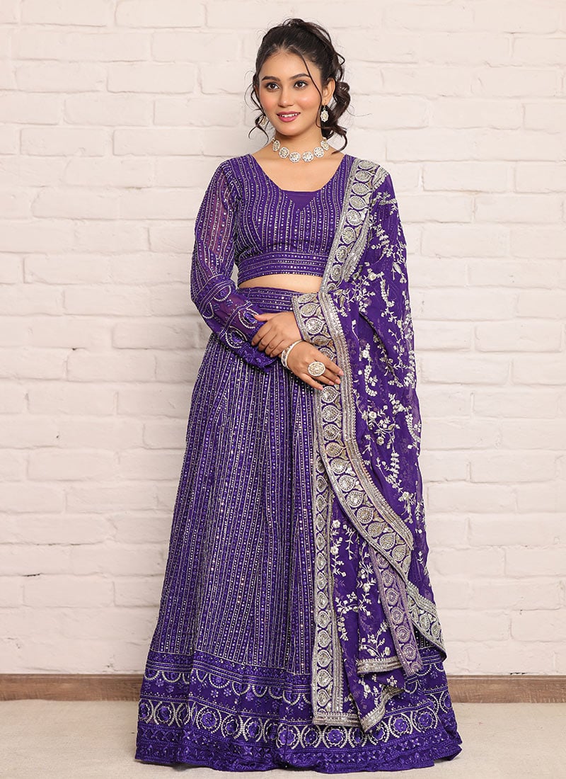 Purple Georgette Embroidered Sequins Classy Lehenga Wedding Wear