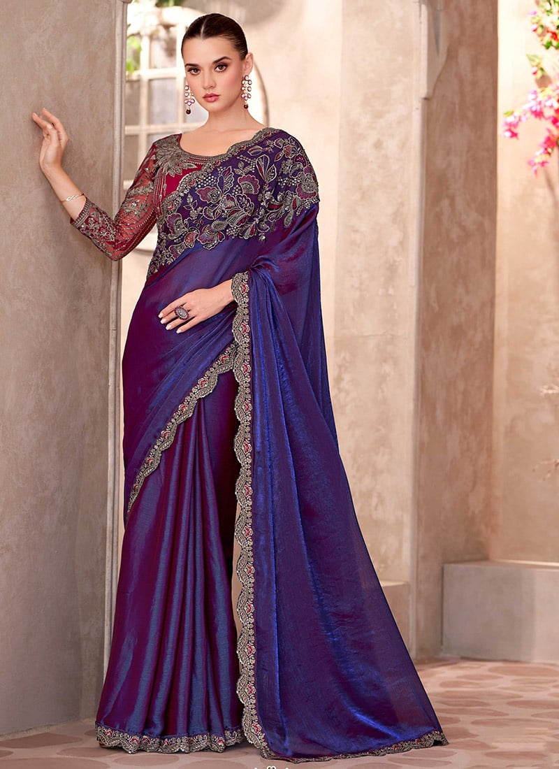Purple Georgette Embroidered Sequins Cut Work Saree