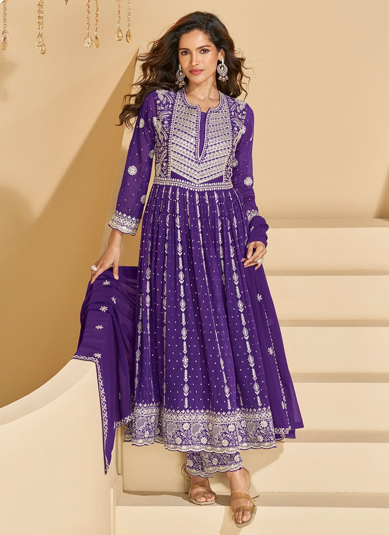 Purple Georgette Embroidered Sequins Palazzo Suit Festive Wear