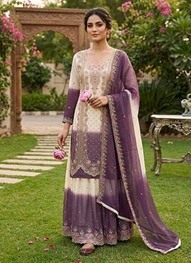 Purple Georgette Embroidered Sequins Palazzo Suit