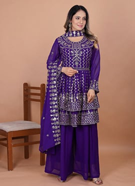 Purple Georgette Embroidered Sequins Palazzo Suit