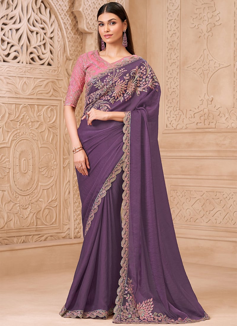 Purple Georgette Embroidered Sequins Saree Wedding Wear