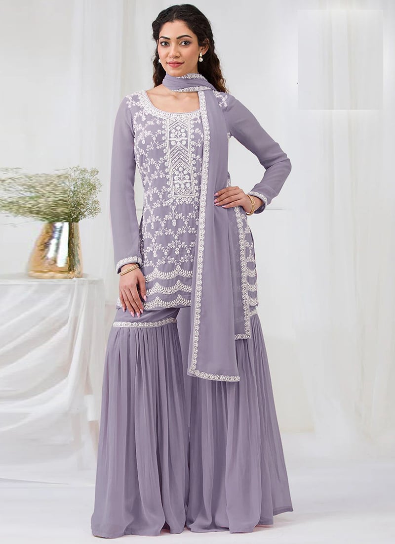 Purple Georgette Embroidered Sequins Sharara Suit Festive Wear