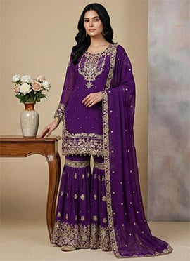 Purple Georgette Embroidered Sequins Sharara Suit