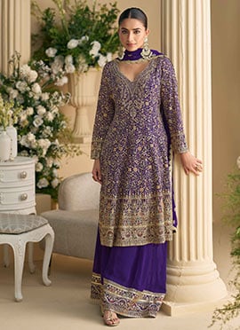 Purple Georgette Embroidered Sequins Stone Work Palazzo Suit