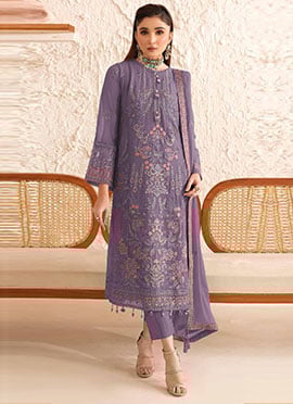 Purple Georgette Embroidered Sequins Straight Pant Suit Set