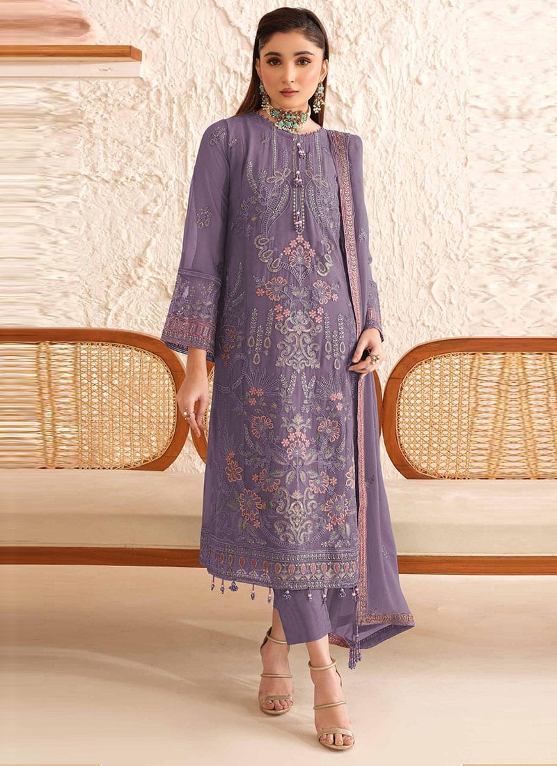 Purple Georgette Embroidered Sequins Straight Pant Suit Set Festive Wear