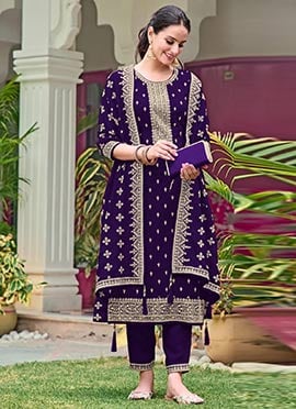 Purple Georgette Embroidered Sequins Straight Pant Suit
