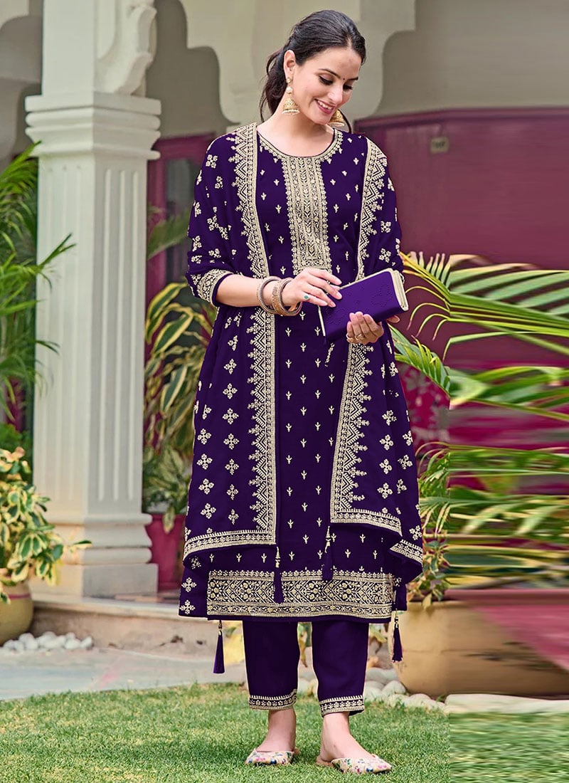Purple Georgette Embroidered Sequins Straight Pant Suit Festive Wear