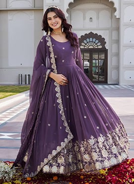 Purple Georgette Embroidered Sequins Thread Anarkali Suit