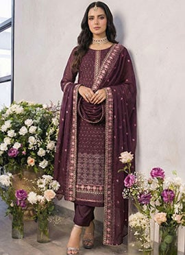 Purple Georgette Embroidered Sequins Thread Khatli Work Straight Pant Suit