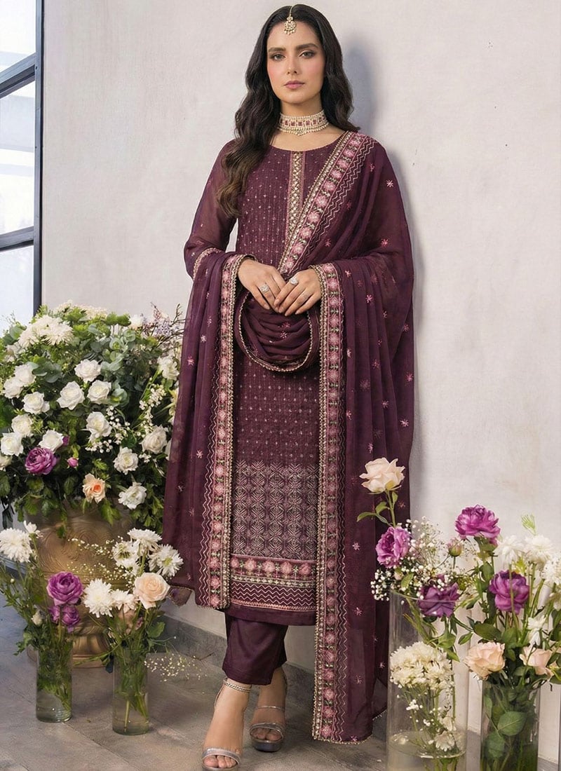Purple Georgette Embroidered Sequins Thread Khatli Work Straight Pant Suit Festive Wear