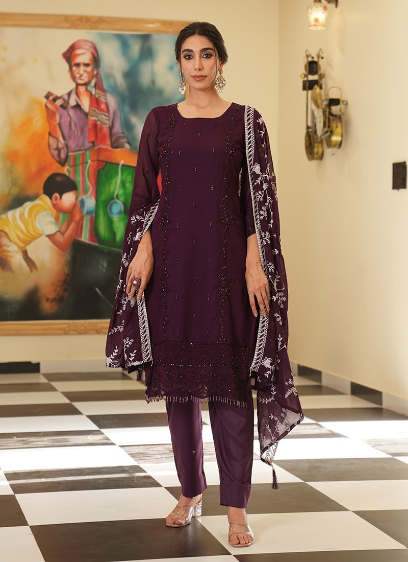 Purple Georgette Embroidered Sequins With Moti Work Straight Pant Suit
