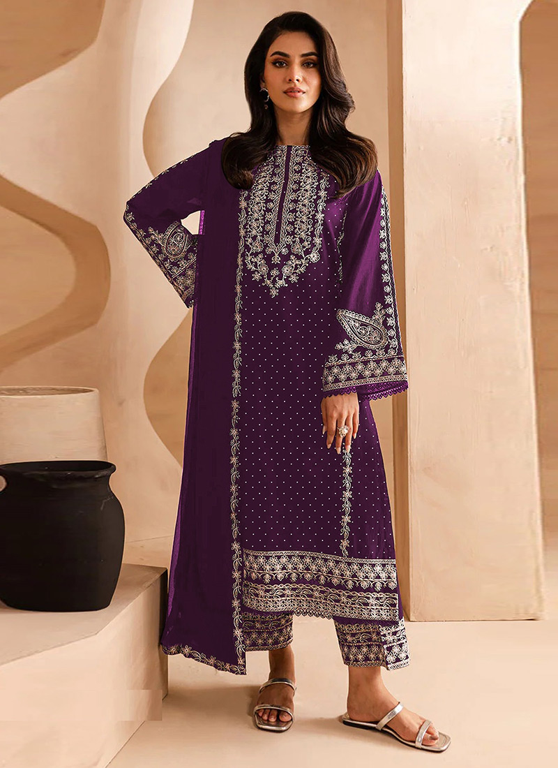 Purple Georgette Embroidered Straight Pant Suit Festive Wear