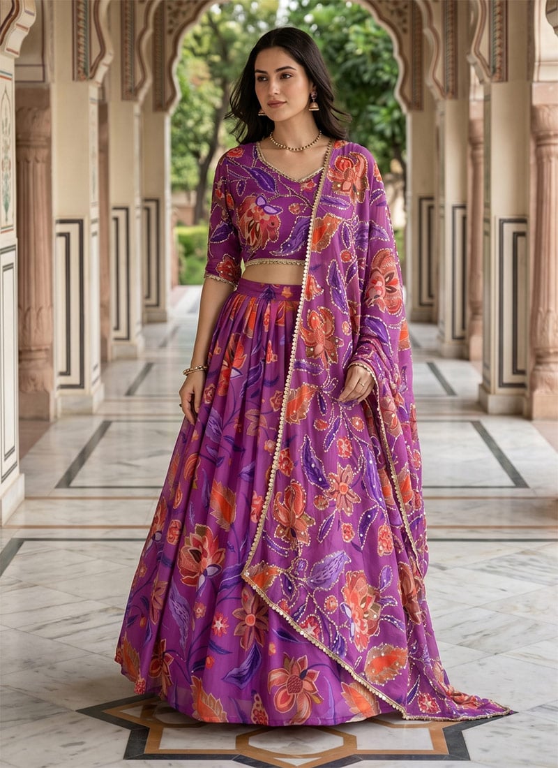 Purple Georgette Embroidery Sequins Lehenga Wedding Wear