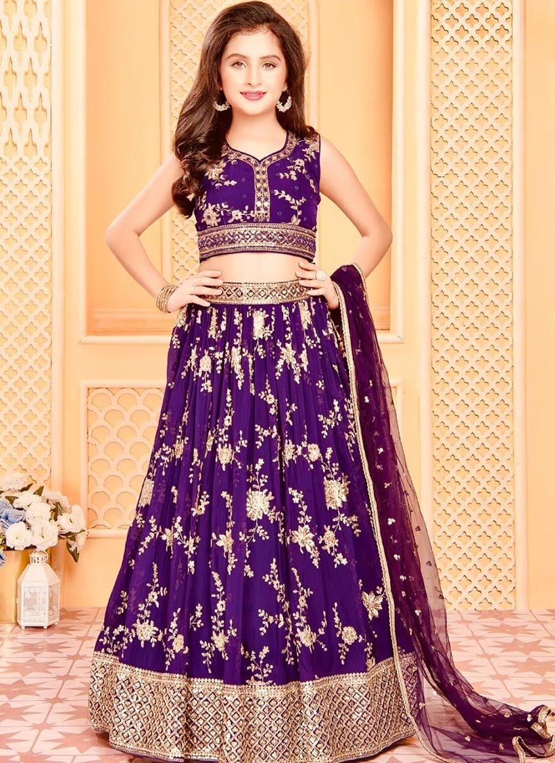 Purple Georgette Embroidery Work Lehenga For Kids Girls  Festive Wear