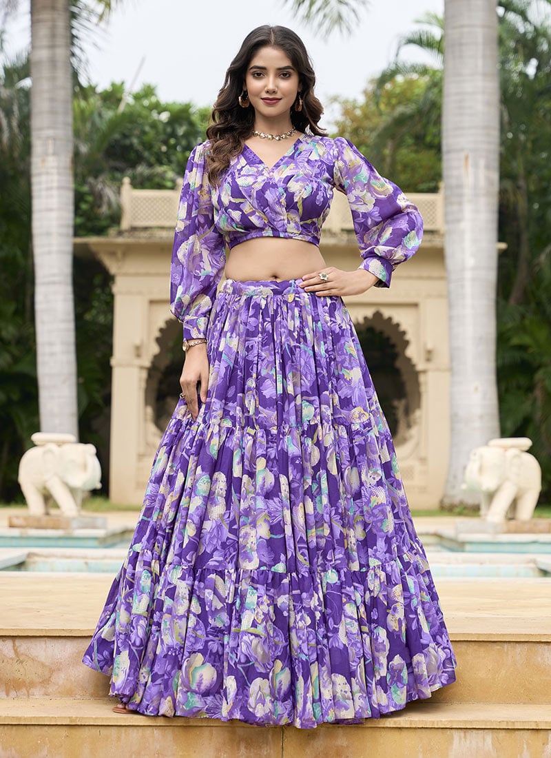 Purple Georgette Floral Print Indowestern Skirt Set After Six Wear-IWSUSRK210428