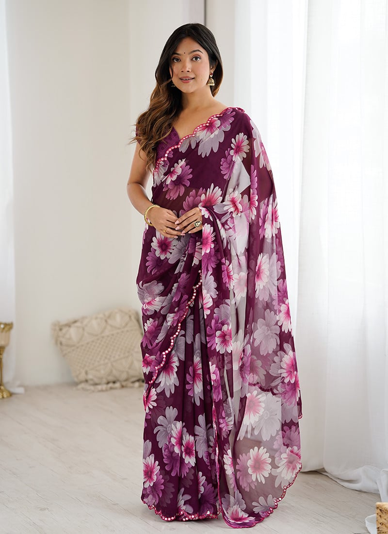 Purple Georgette Floral Print Saree After Six Wear