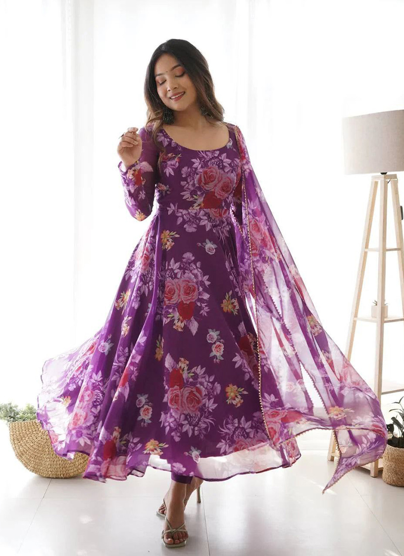Purple Georgette Floral Printed Anarkali Suit After Six Wear