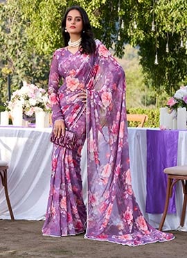 Purple Georgette Floral Printed Pre Draped Saree