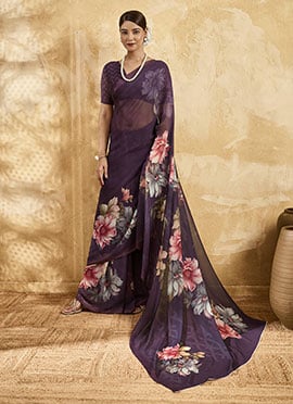 Purple Georgette Floral Printed Saree