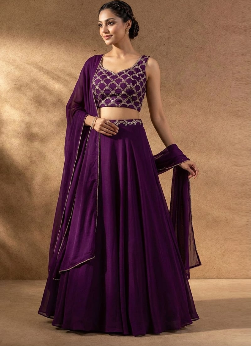 Purple Georgette Hand Embroidered Beads Work Lehenga Set Wedding Wear