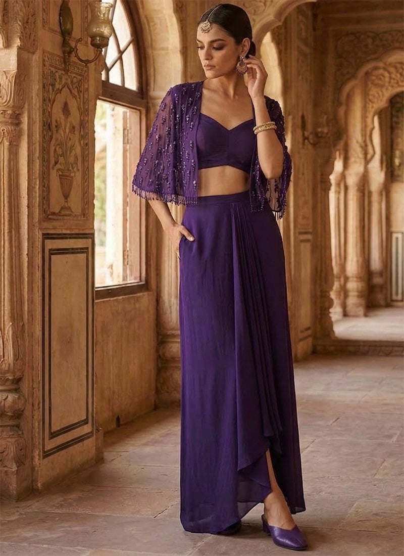 Purple Georgette Hand Embroidered Sequins Beads Indowestern Skirt Set With Jacket Wedding Wear