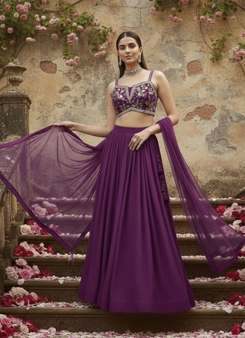 Purple Georgette Hand Embroidered Sequins Lehenga Wedding Wear