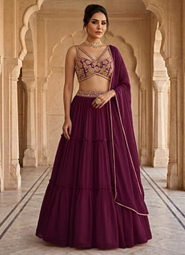 Purple Georgette Hand Embroidered Sequins Lehenga