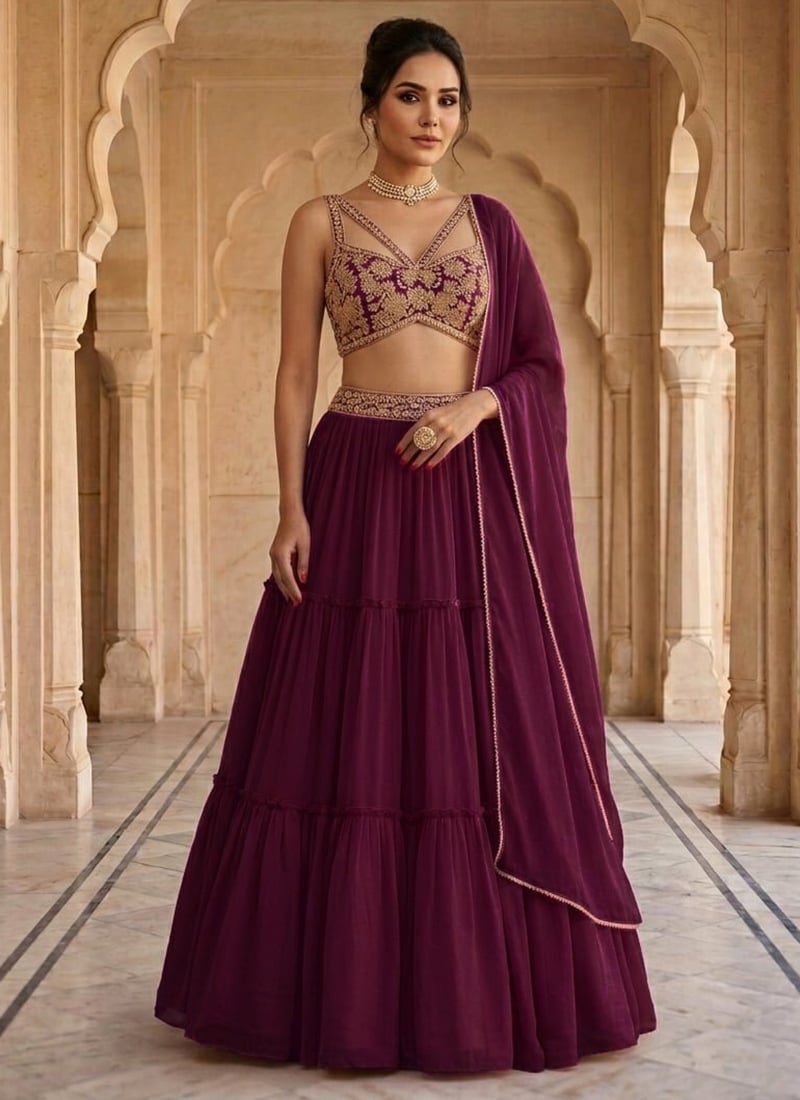 Purple Georgette Hand Embroidered Sequins Lehenga Wedding Wear
