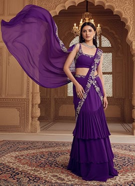 Purple Georgette Hand Embroidered Sequins Lehenga Saree