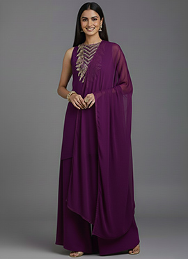 Purple Georgette Hand Embroidered Sequins Palazzo Suit